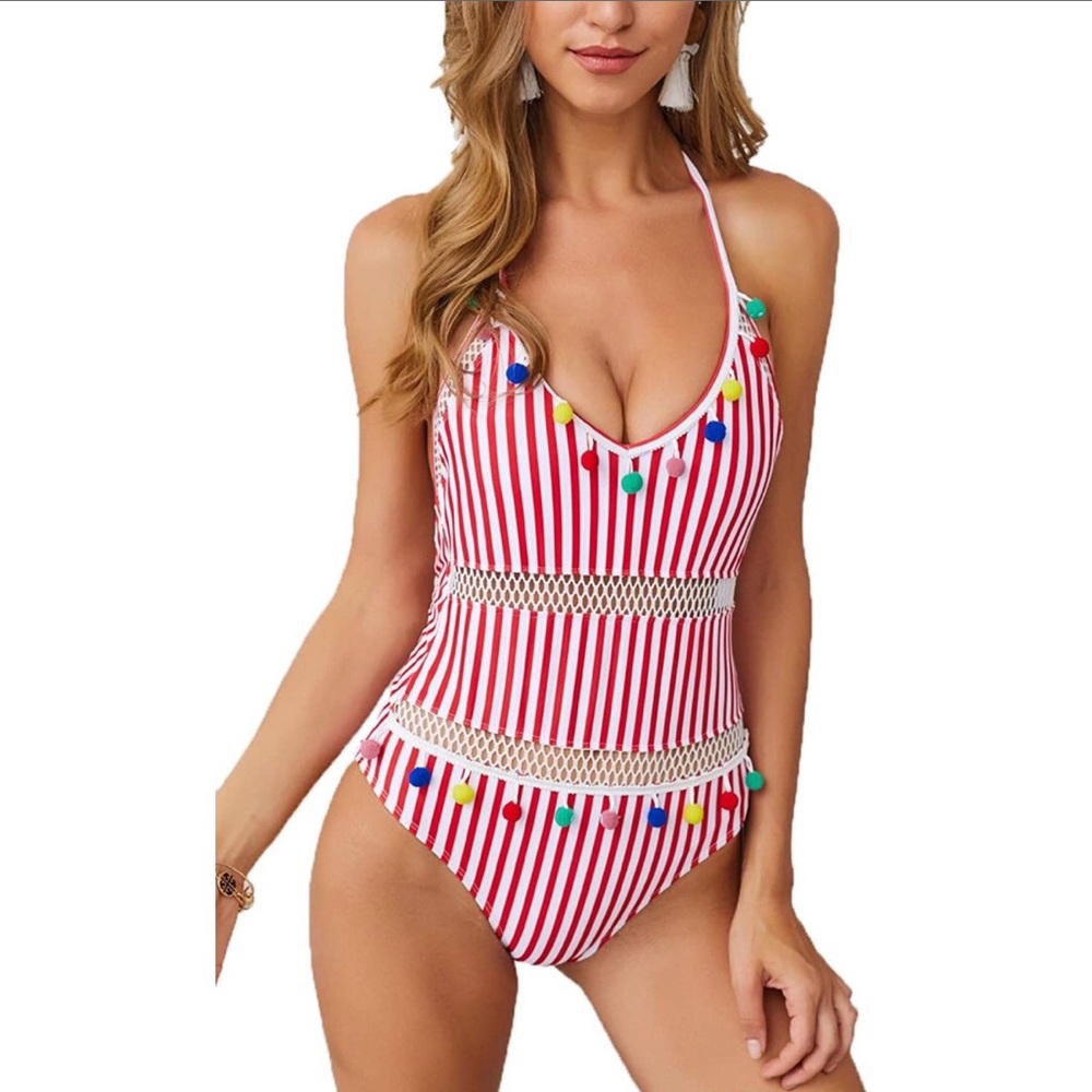 Red Stripe Halter Neck Tassel One Piece Swimsuit